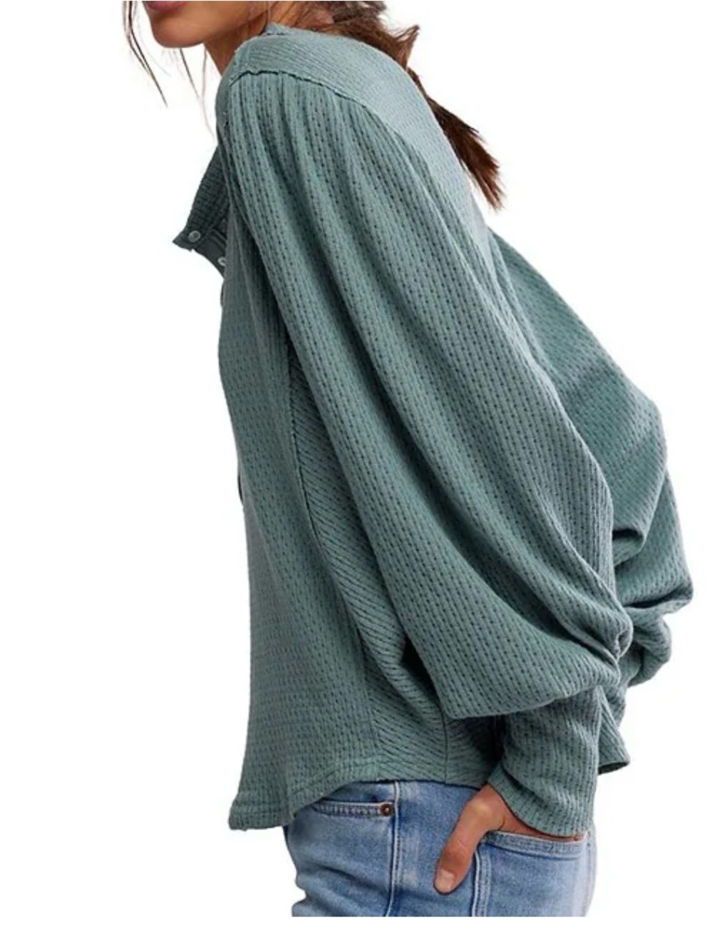 Free People We The Free Quinn Henley Long Sleeve Thermal Knit Top Jade Ash L - Picture 3 of 10